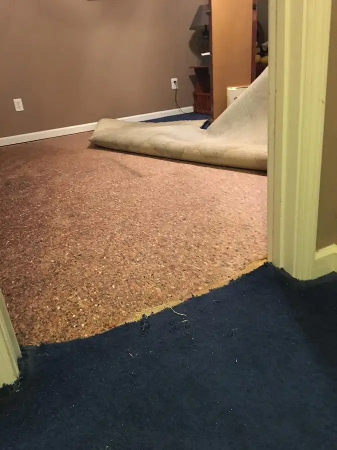 Carpet pad removal revealing water damage during Drying & Dehumidification in Turpin Hills